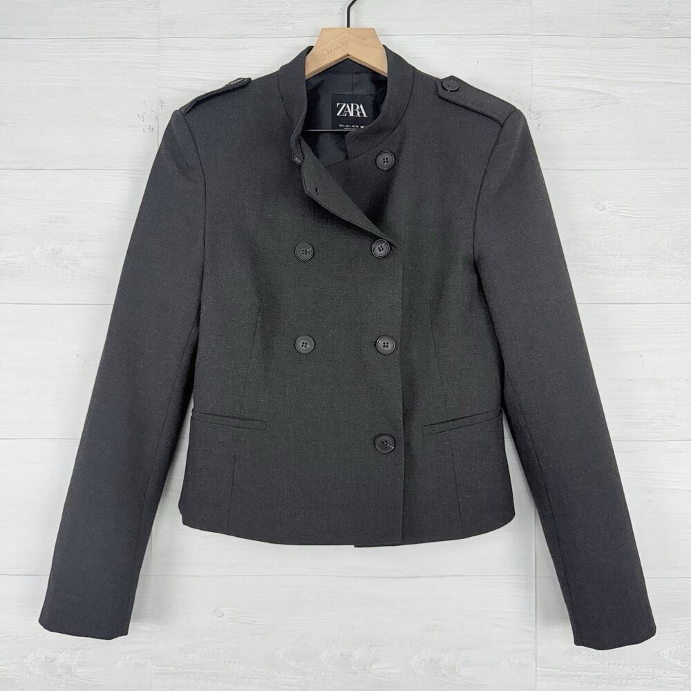 Zara Fitted Blazer Jacket with Tabs Medium Dark‎ Gray Academia Double Breasted - Picture 4 of 16